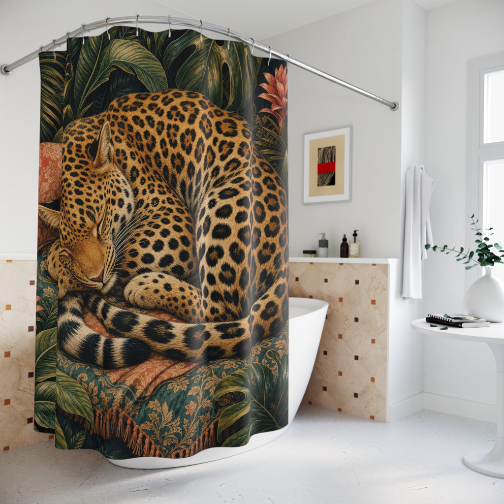 Unique Jaguar Shower Curtain, Sleeping Spotted Cat Art, Tropical Jungle Bathroom Decor, Warm Wildlife Tropical Wall Guest Bath Gift For Home