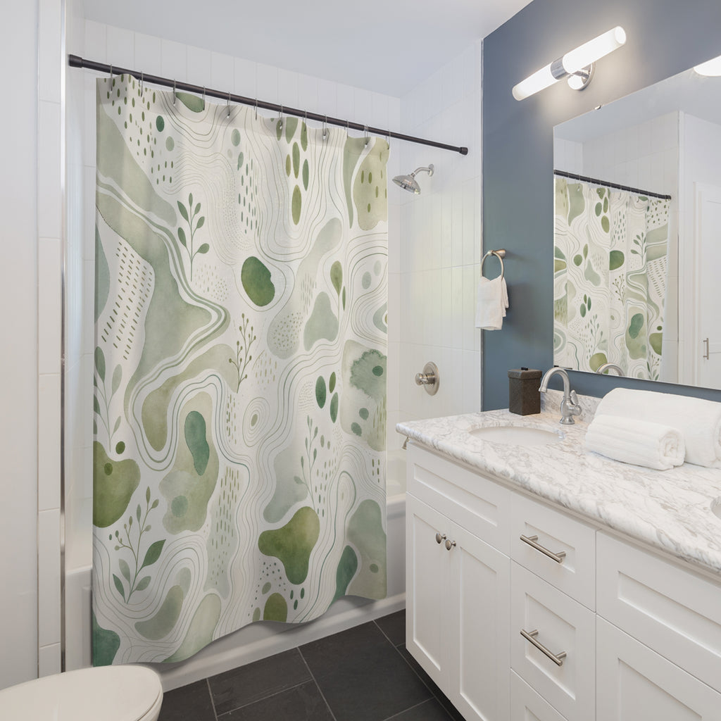 Green White Shower Curtain, Abstract Botanical Bath Decor, Sage Contour Pattern, Modern Guest Bathroom Decor, Organic Fresh Style Decor