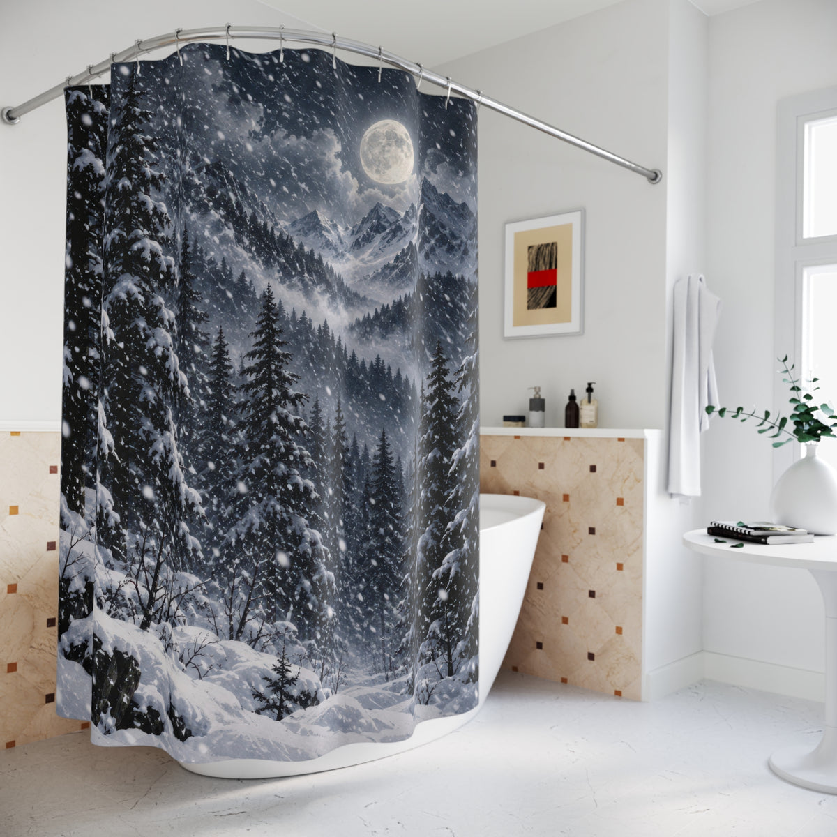Moonlit snow-covered alpine forest shower curtain beside a freestanding tub