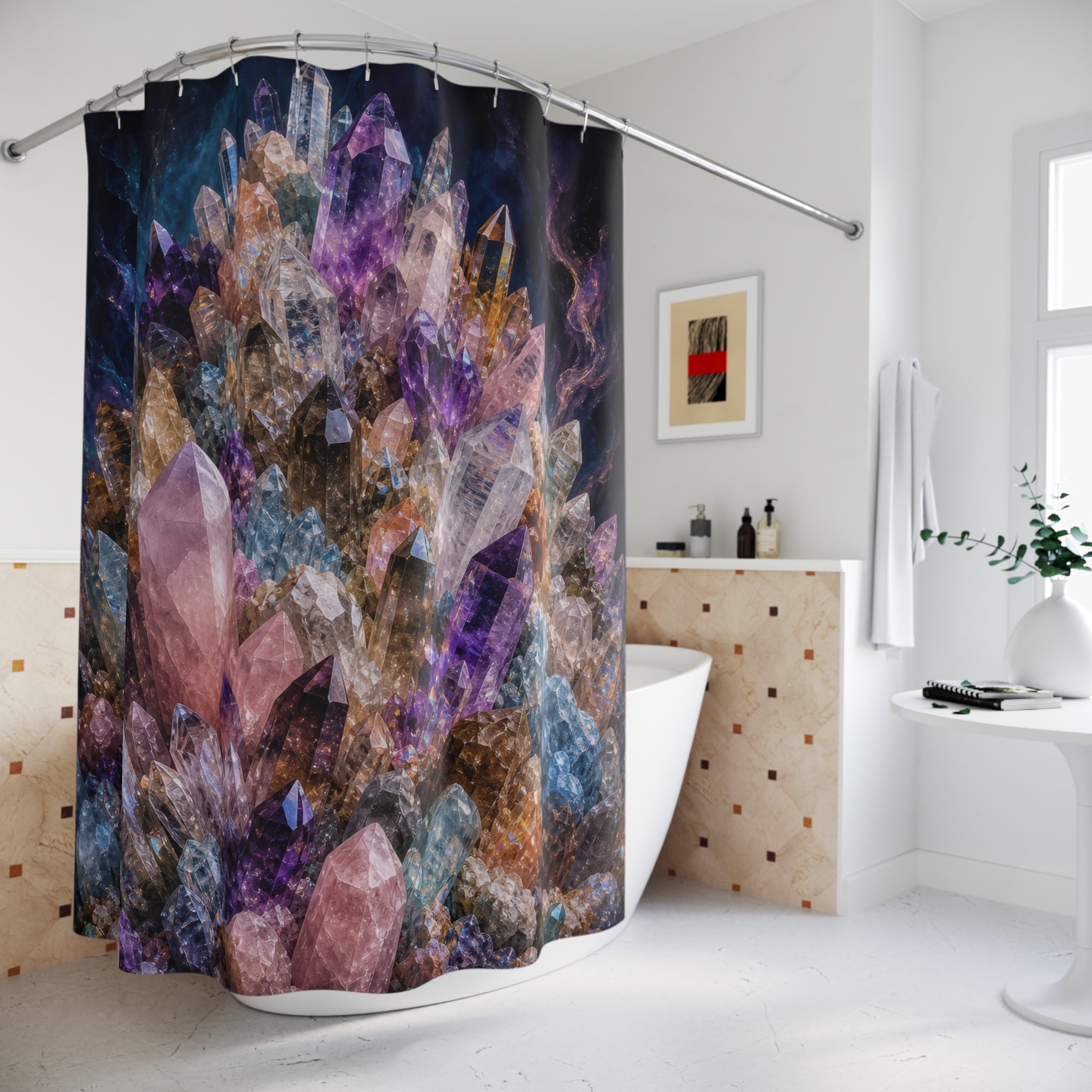 Unique Crystal Shower Curtain, Purple Amethyst Cluster Art, Dark Geode Bathroom Decor, Dramatic Mineral Guest Bath Accent Gift For Home