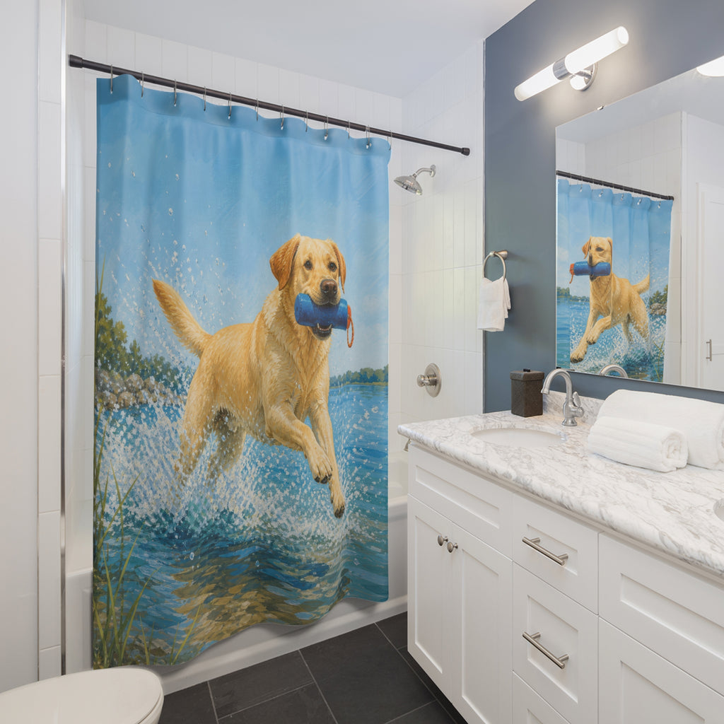 Yellow Labrador splashing through blue lake water shower curtain beside a white vanity