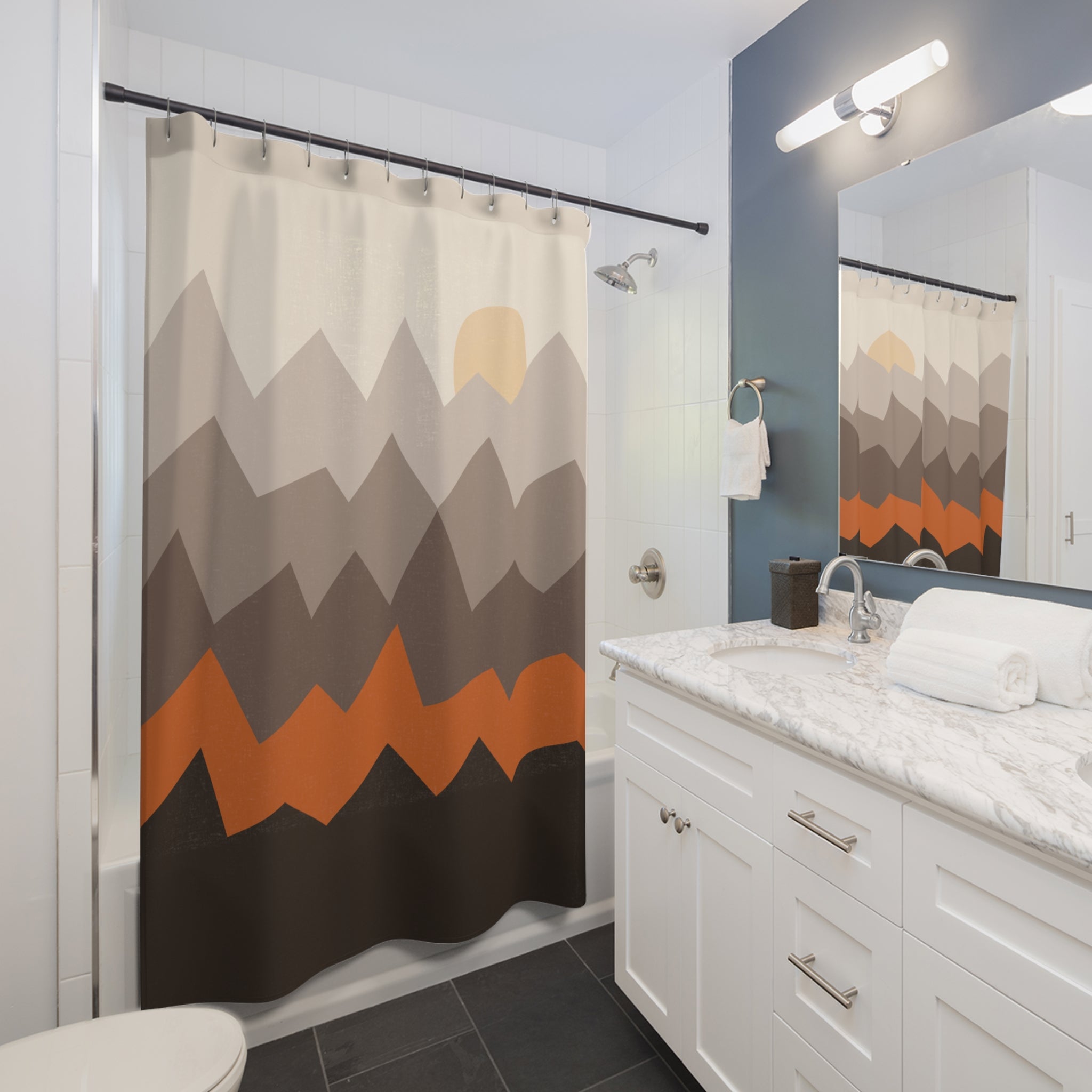 Grey Orange Shower Curtain: Mountain Sunset