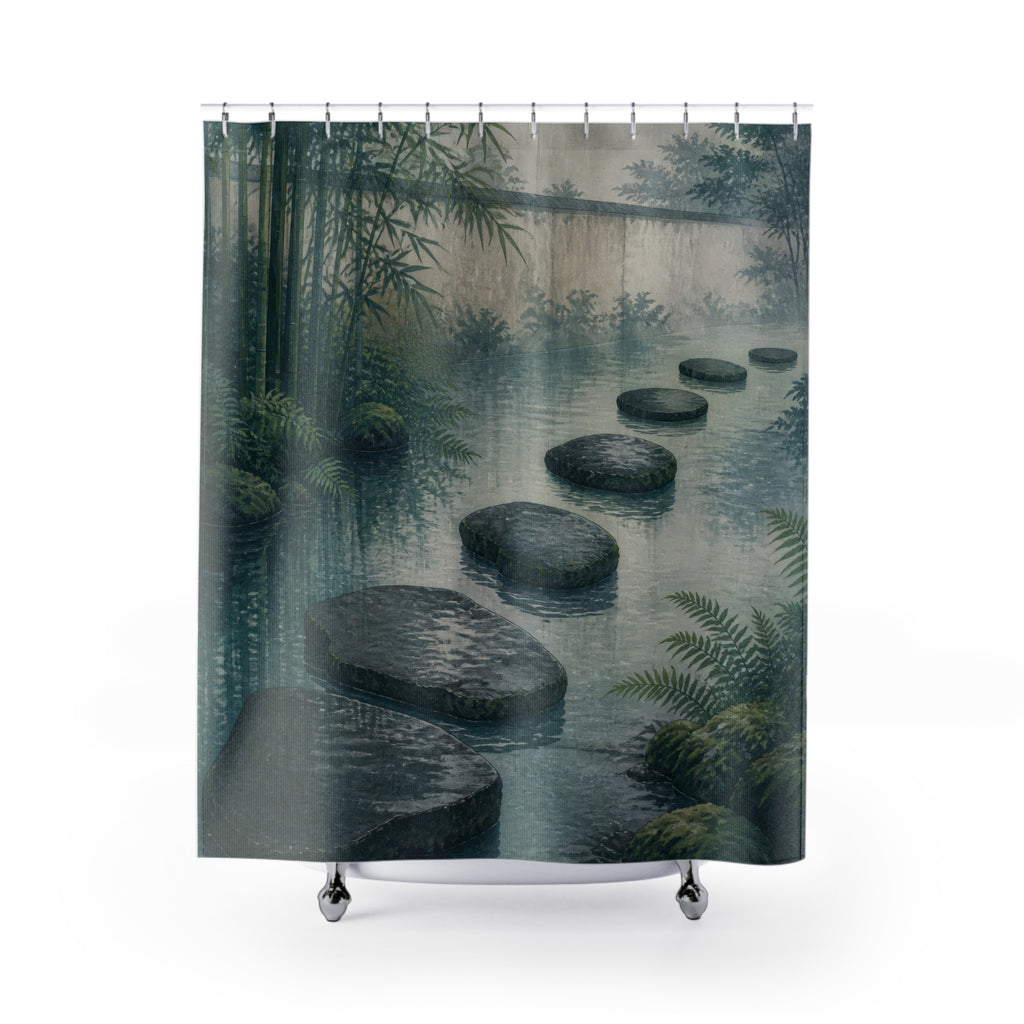 Rain-dark stepping stones crossing a misty bamboo pool shower curtain with full front view