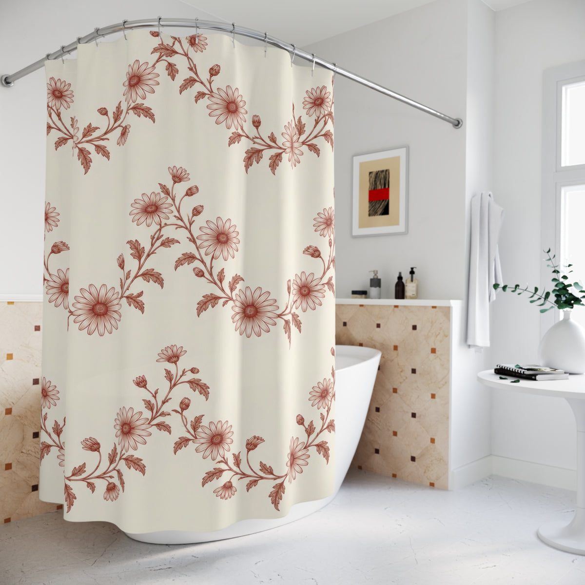 Brick red daisy garlands on ivory shower curtain beside a freestanding tub