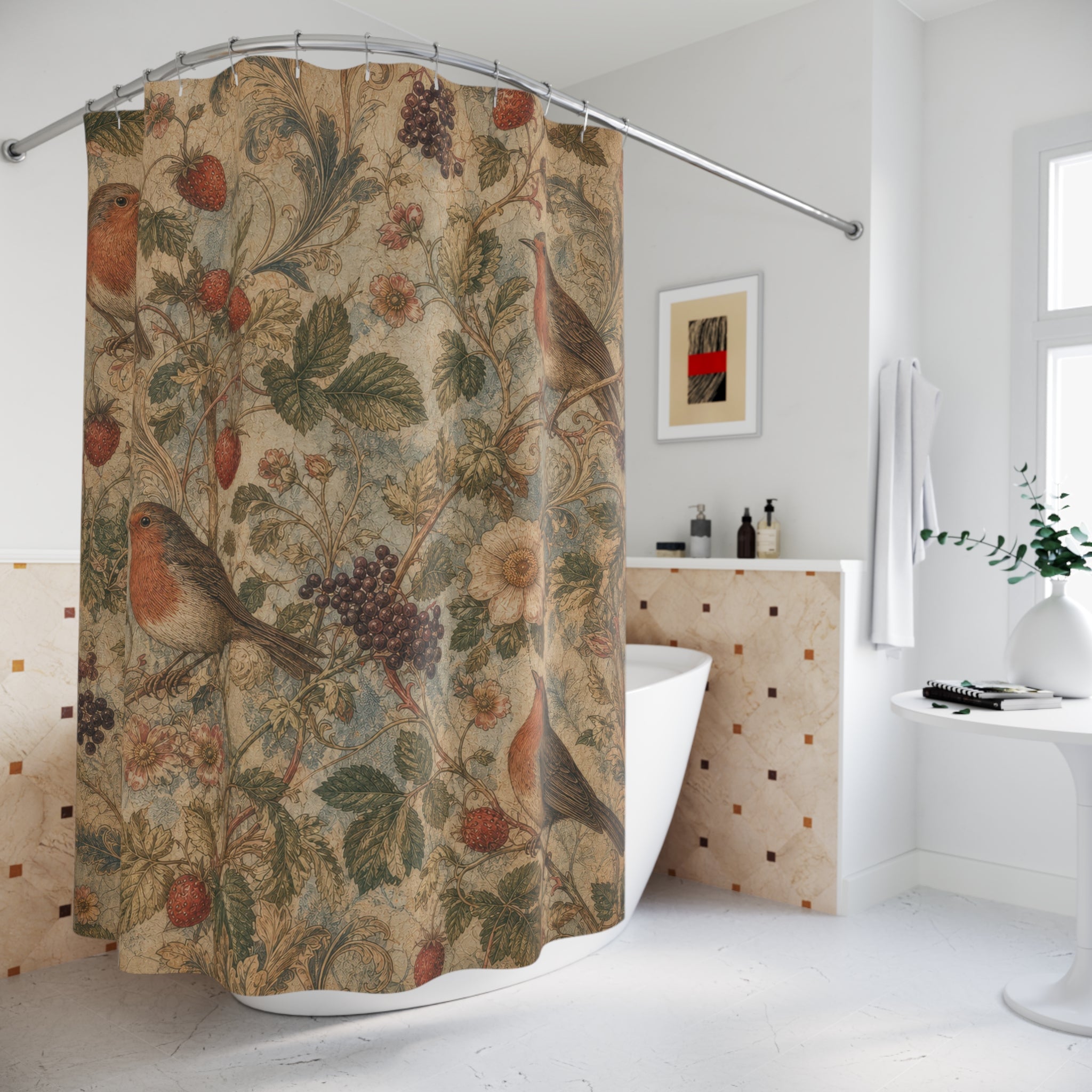 Bird Berry Wallpaper Shower Curtain