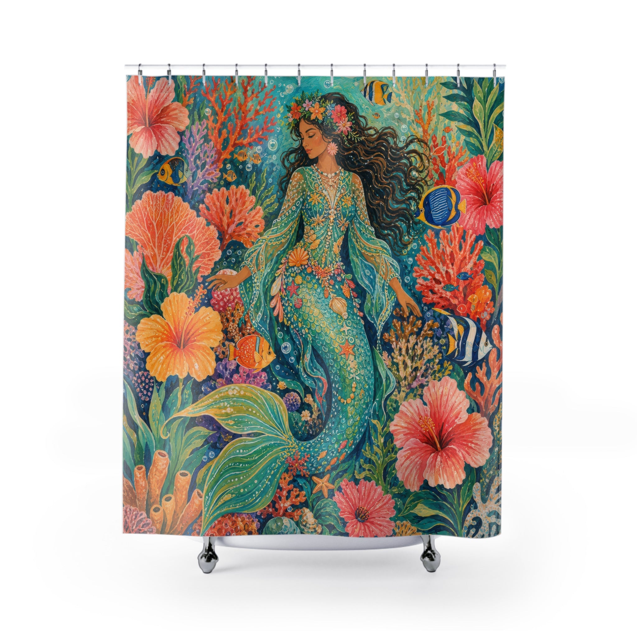 Mermaid Floral Ocean Shower Curtain