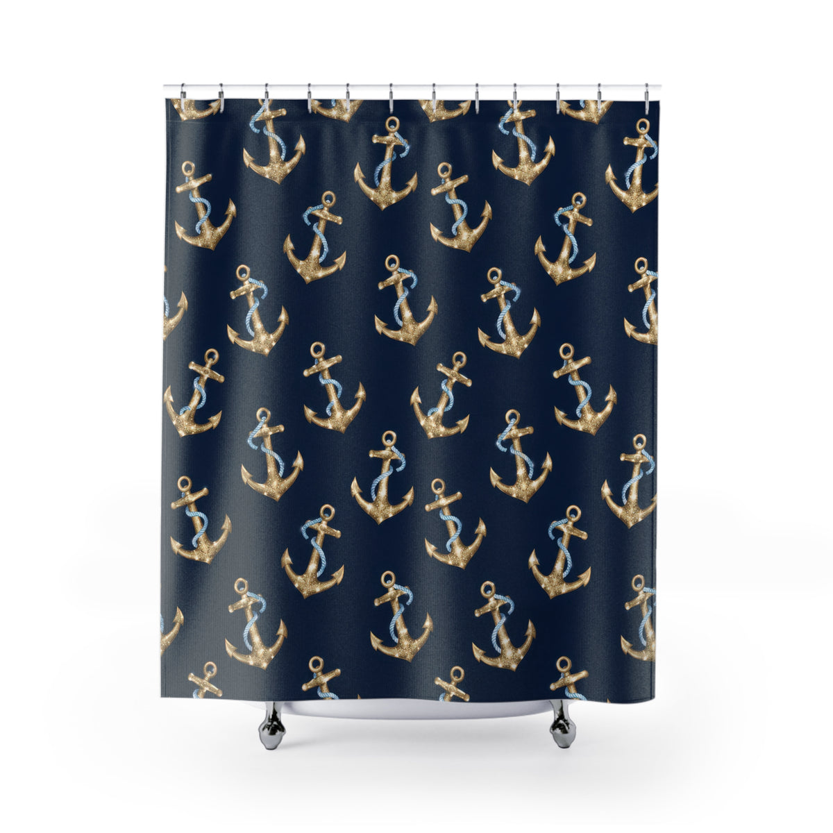 Gold-colored anchors and blue ropes on navy shower curtain with full front view