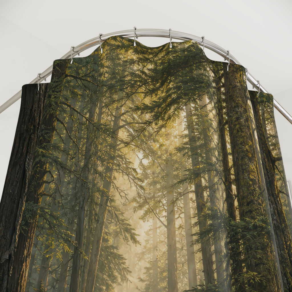 Sunlit path through a towering old-growth forest shower curtain with close-up print, hooks, and folds