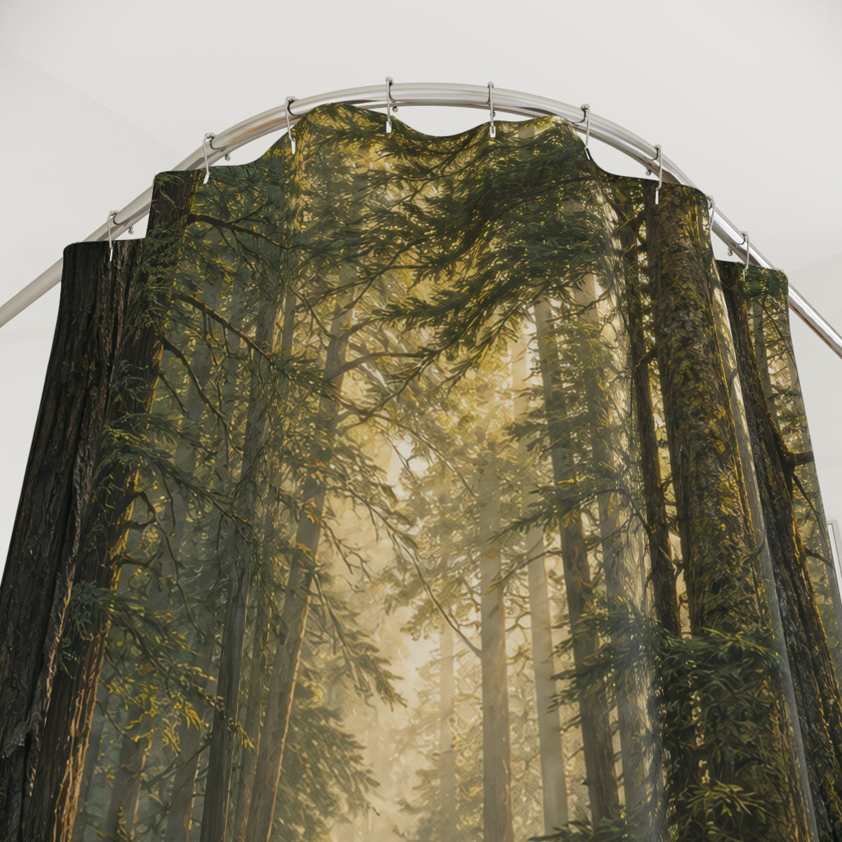 Sunlit path through a towering old-growth forest shower curtain with close-up print, hooks, and folds