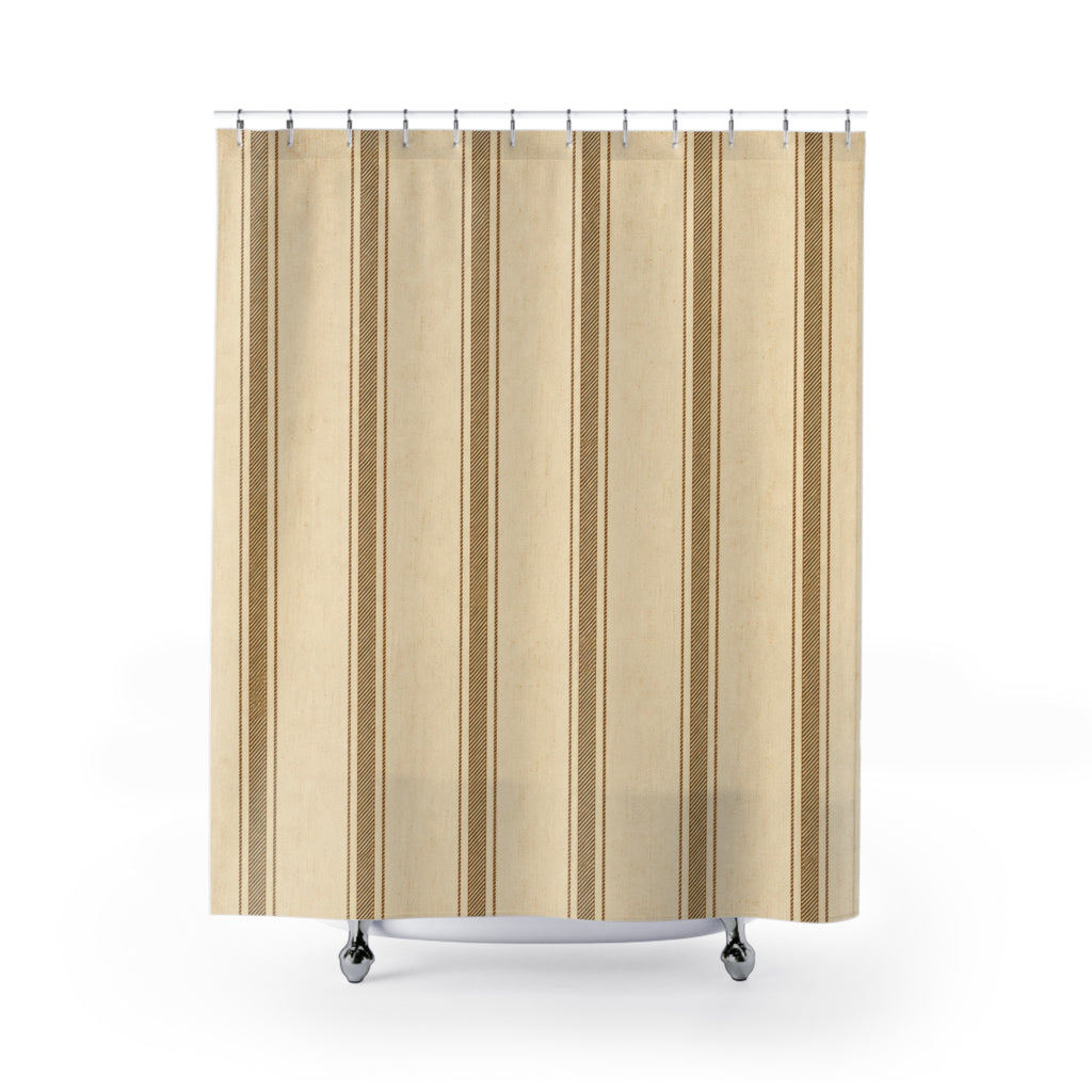 Brown Striped Shower Curtain, Tan Cream Farmhouse Bath Decor, Warm Panel Stripe Pattern, Classic Neutral Guest Bathroom Decor Style