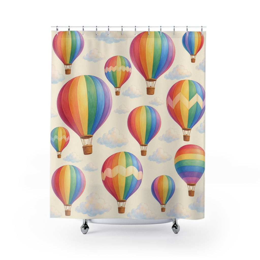 Pastel rainbow hot air balloons and clouds on cream shower curtain with full front view