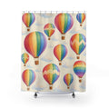 Pastel rainbow hot air balloons and clouds on cream shower curtain with full front view
