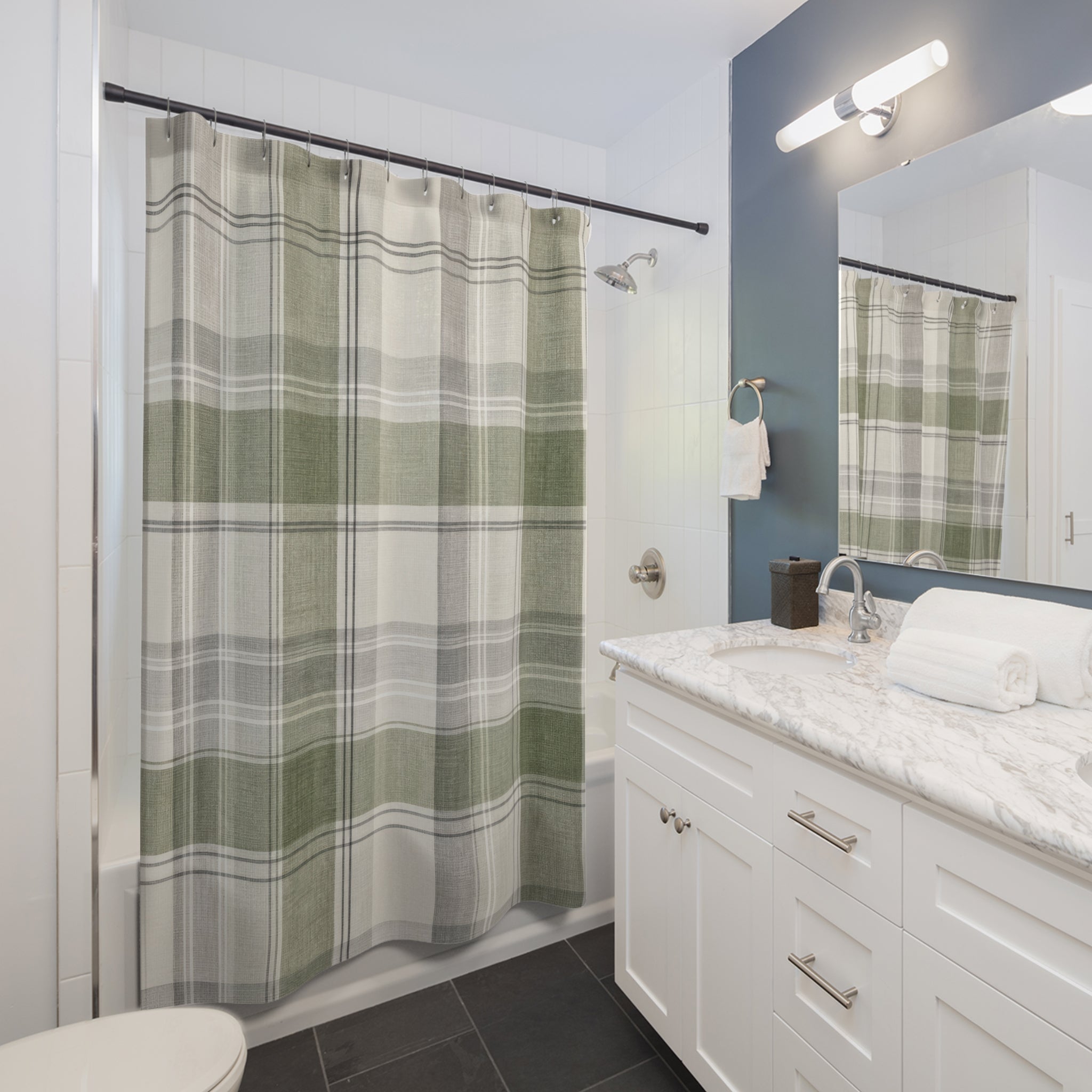 Green Grey Plaid Shower Curtain, Green Grey Classic Bathroom Decor, Plaid Pattern Bath Curtain, Guest Bath Decor, Small Bathroom Decor