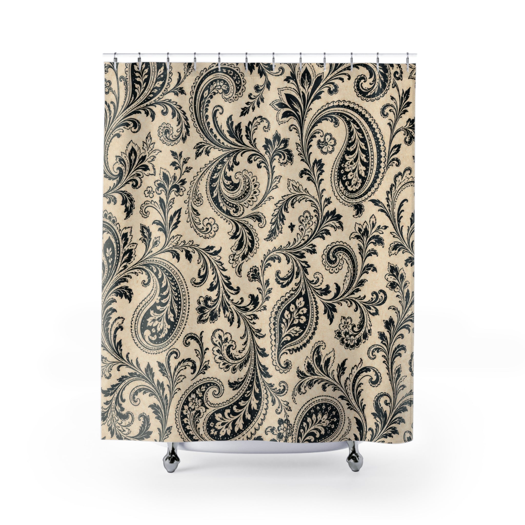 Black Cream Ornate Scroll Shower Curtain