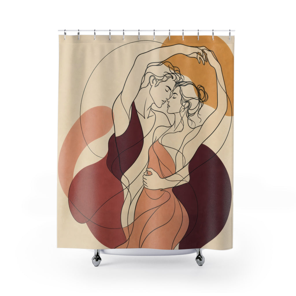 Figure Art Shower Curtain, Modern Woman Line Drawing Pattern, Burgundy Rust Bathroom Decor, Abstract Guest Bath Warm Art Style