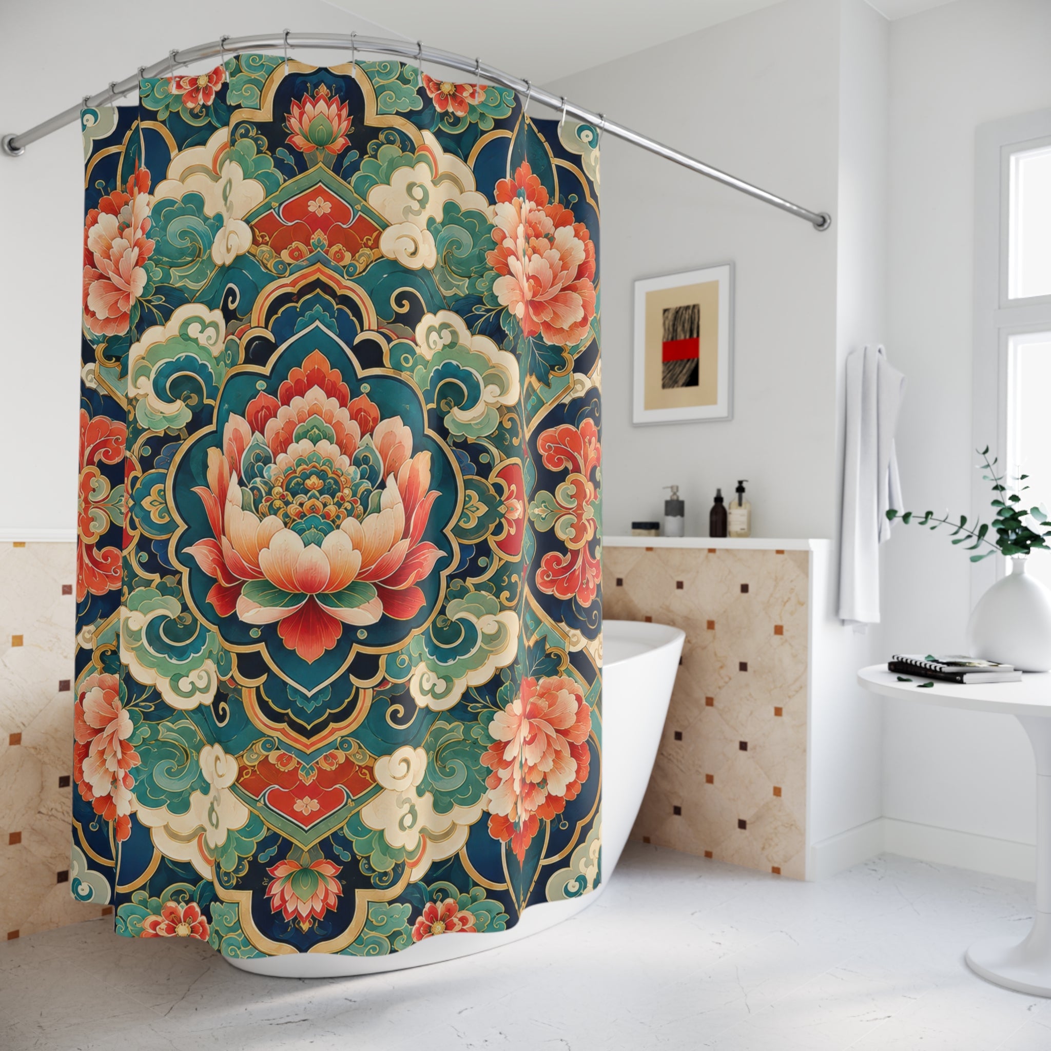Korean Floral Shower Curtain: Teal Green Lotus Mandala