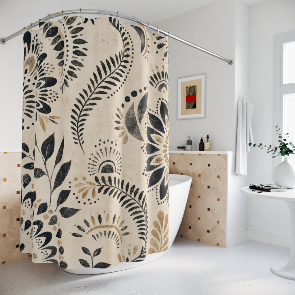 Black White Boho Mandala Floral Botanical Flower Shower Curtain