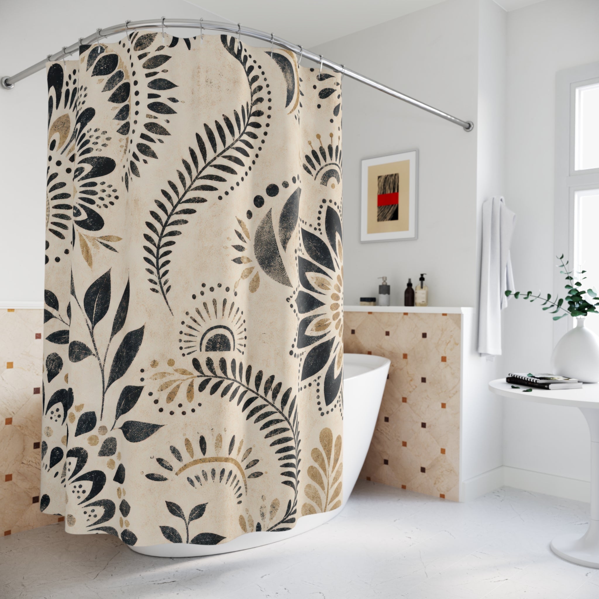 Black White Boho Mandala Floral Botanical Flower Shower Curtain
