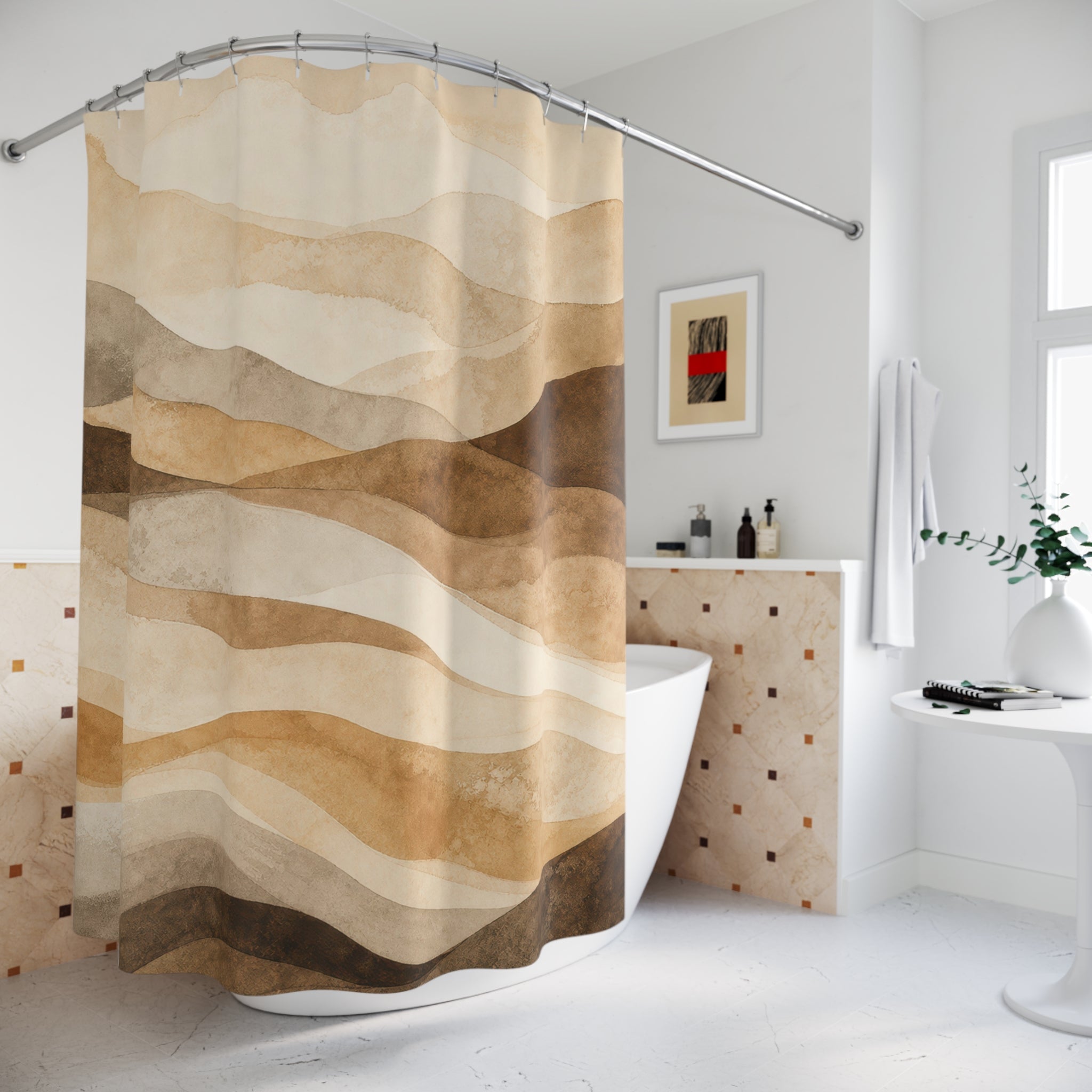 Brown Beige Layered Wave Shower Curtain