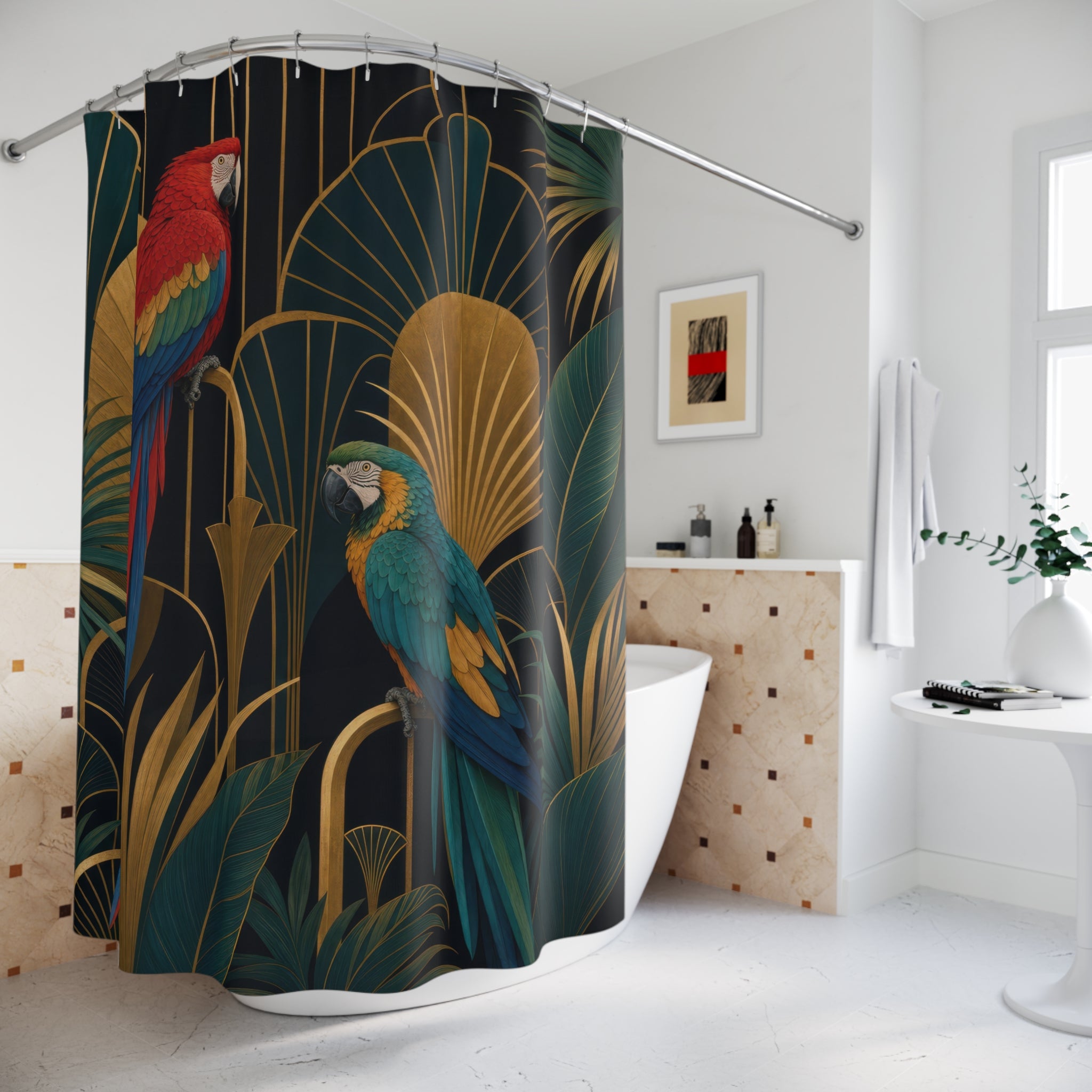 Art Deco Jewel Macaw Pair Shower Curtain