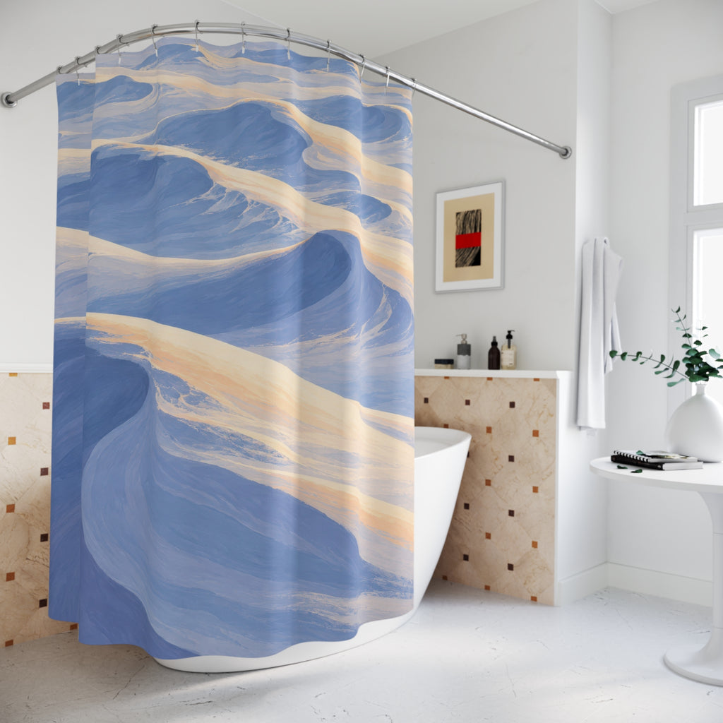 Pale blue sunlit snowdrifts shower curtain beside a freestanding tub