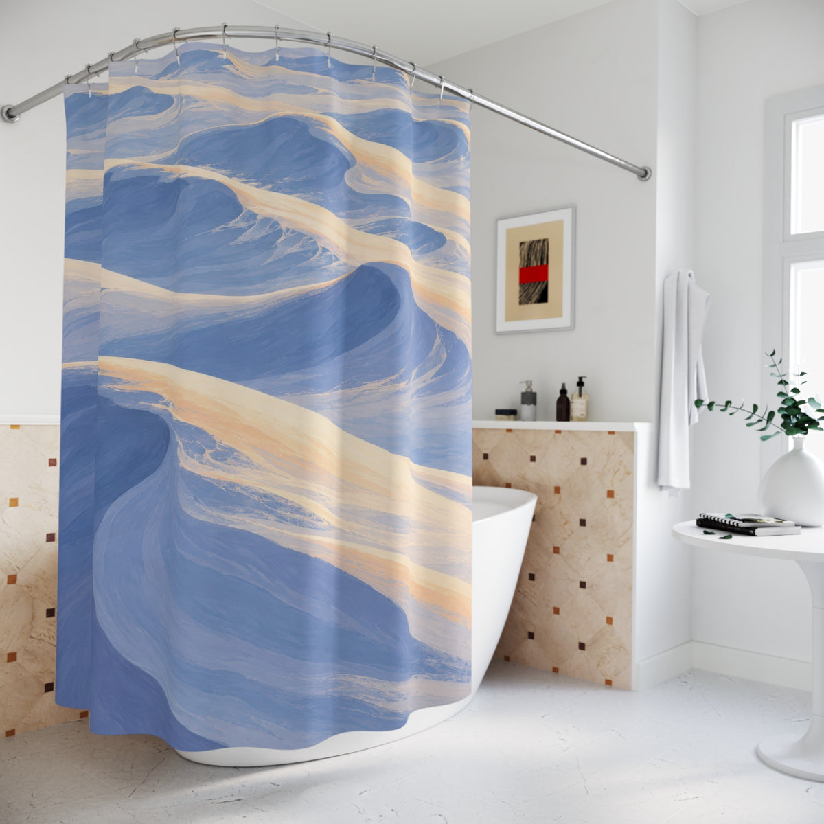 Pale blue sunlit snowdrifts shower curtain beside a freestanding tub