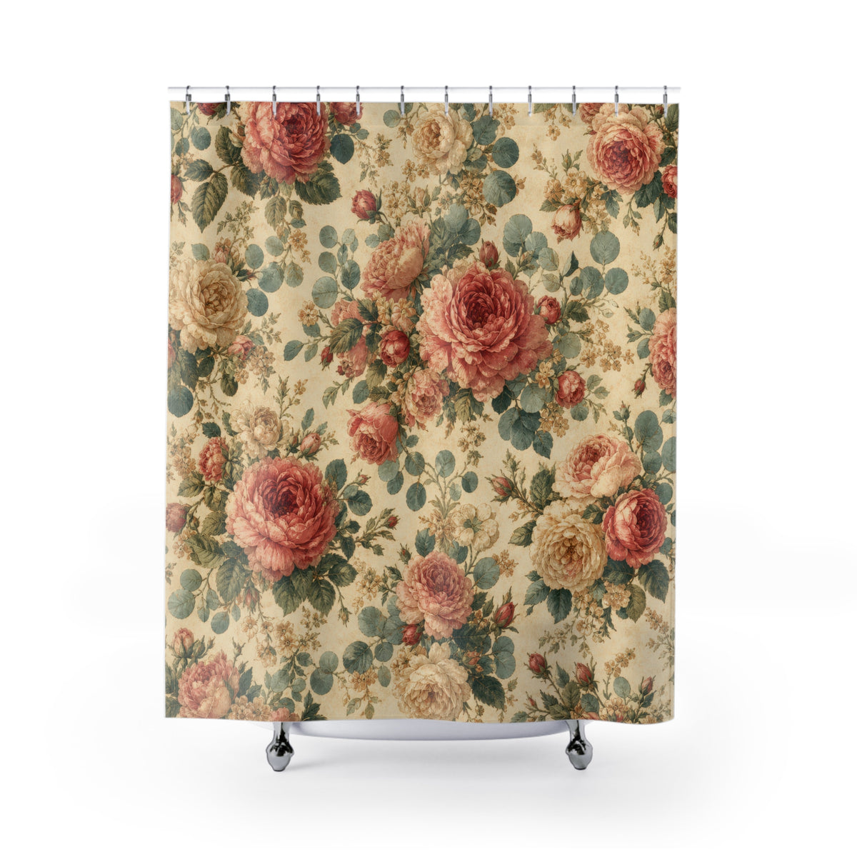 Vintage Floral Bouquet rose pattern shower curtain with full front view