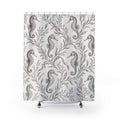 Silver seahorses among fine gray seaweed fronds shower curtain with full front view