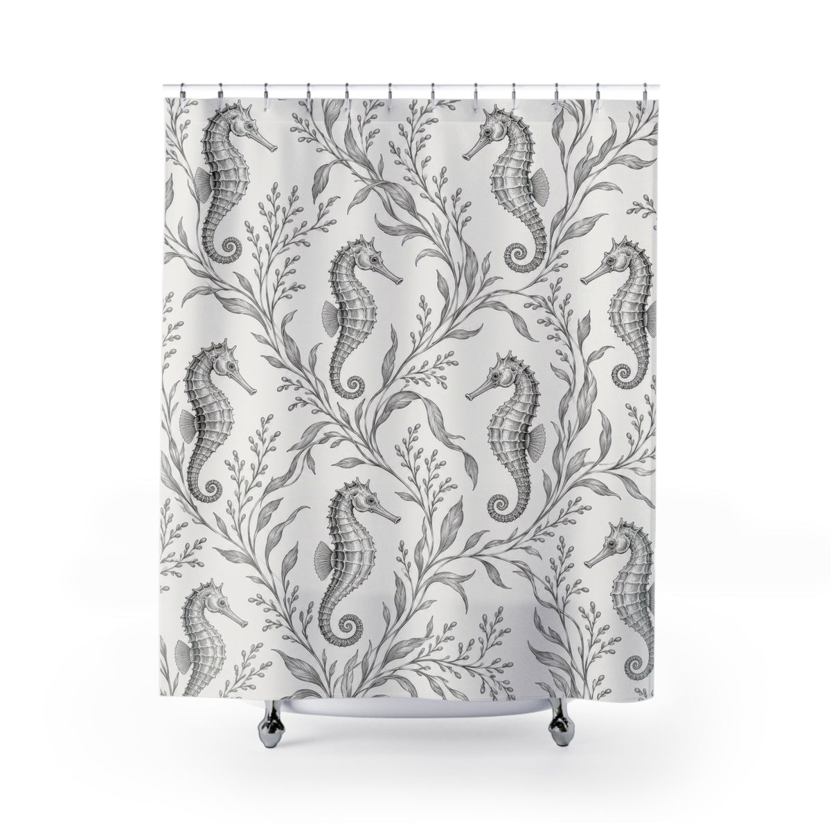 Silver seahorses among fine gray seaweed fronds shower curtain with full front view