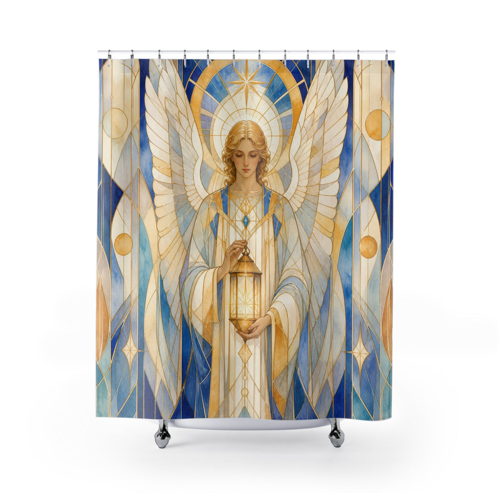 Gabriel Angel Shower Curtain, Stained Glass Messenger Angel Art, Blue White Gold Spiritual Decor, Luminous Bathroom Accent, Church Art Look