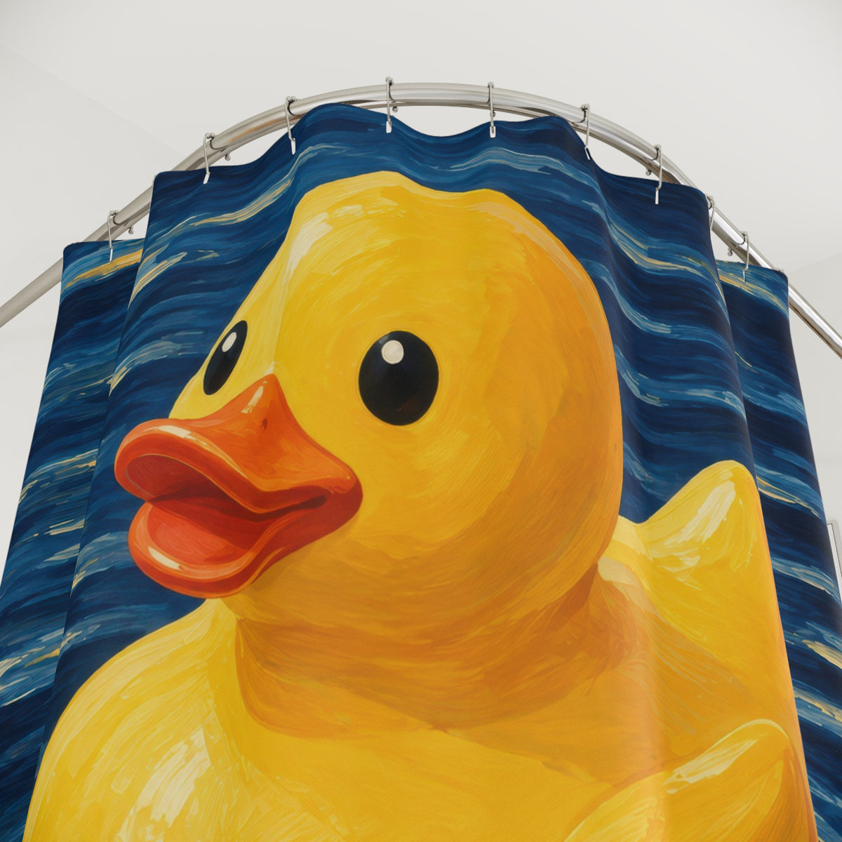 Yellow rubber duck on swirling navy water shower curtain with close-up print, hooks, and folds