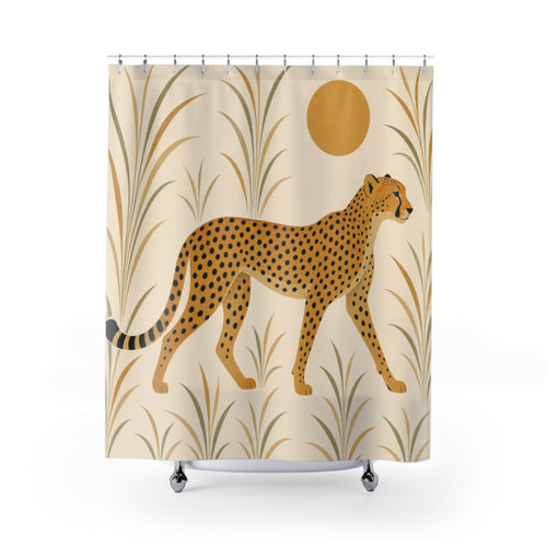 Animal Print Cheetah Modern Boho Beige Black shower curtain with full front view