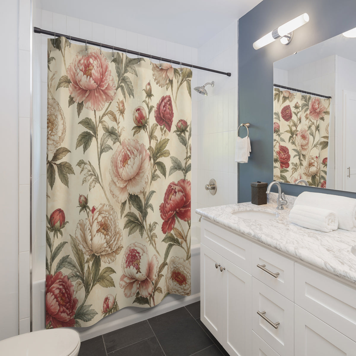 Large Peony Rose vintage floral shower curtain beside a white vanity