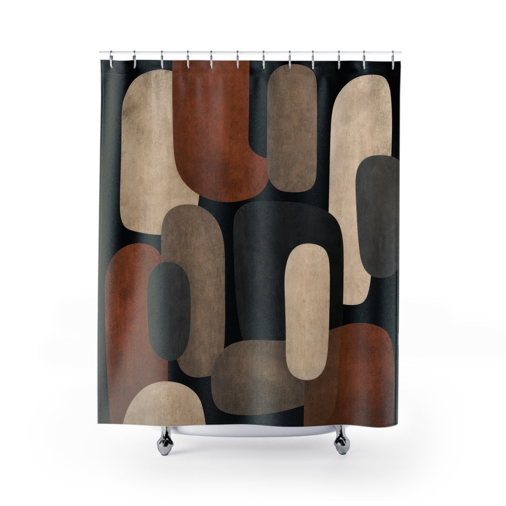 Black Brown Shower Curtain, Modern Geometric Bath Decor, Rust Cream Rounded Block Pattern, Warm Neutral Bathroom Decor, Retro Style