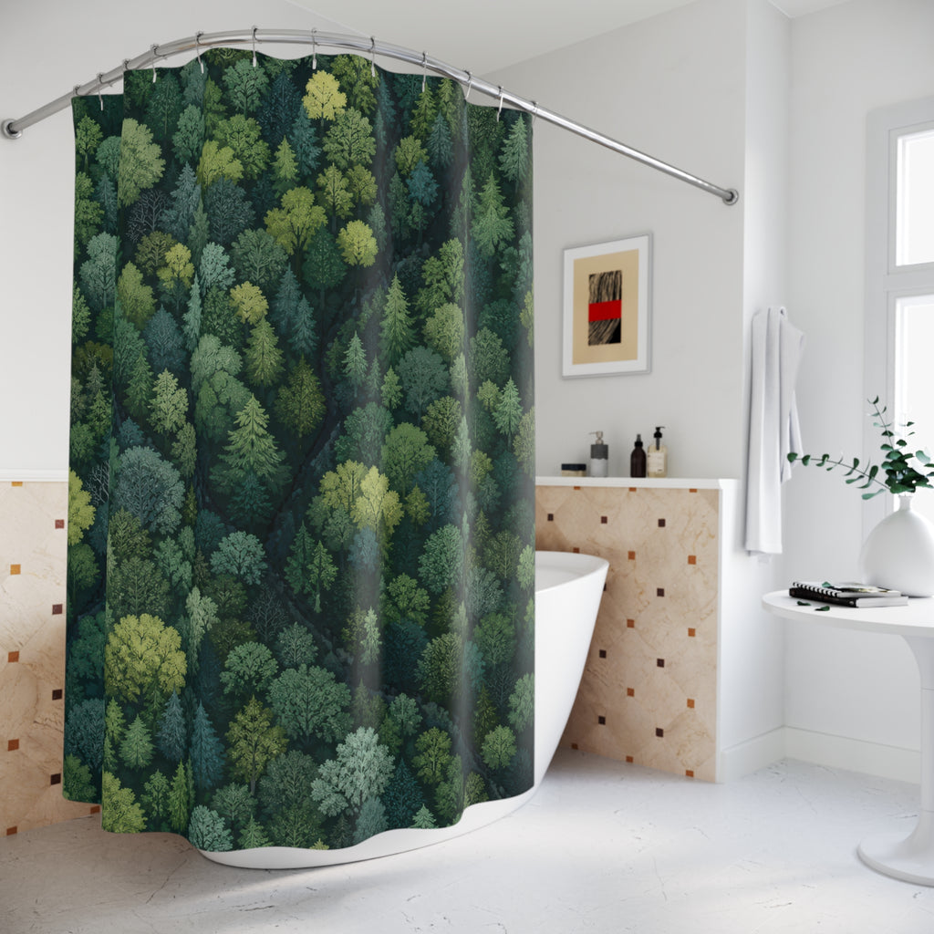 Aerial view of a dense mixed green forest canopy shower curtain beside a freestanding tub