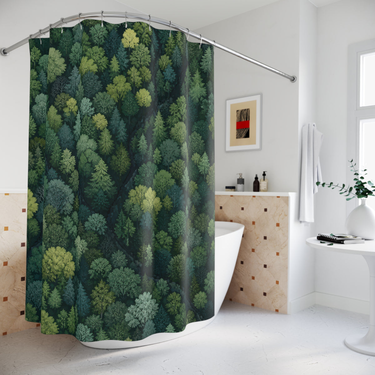 Aerial view of a dense mixed green forest canopy shower curtain beside a freestanding tub