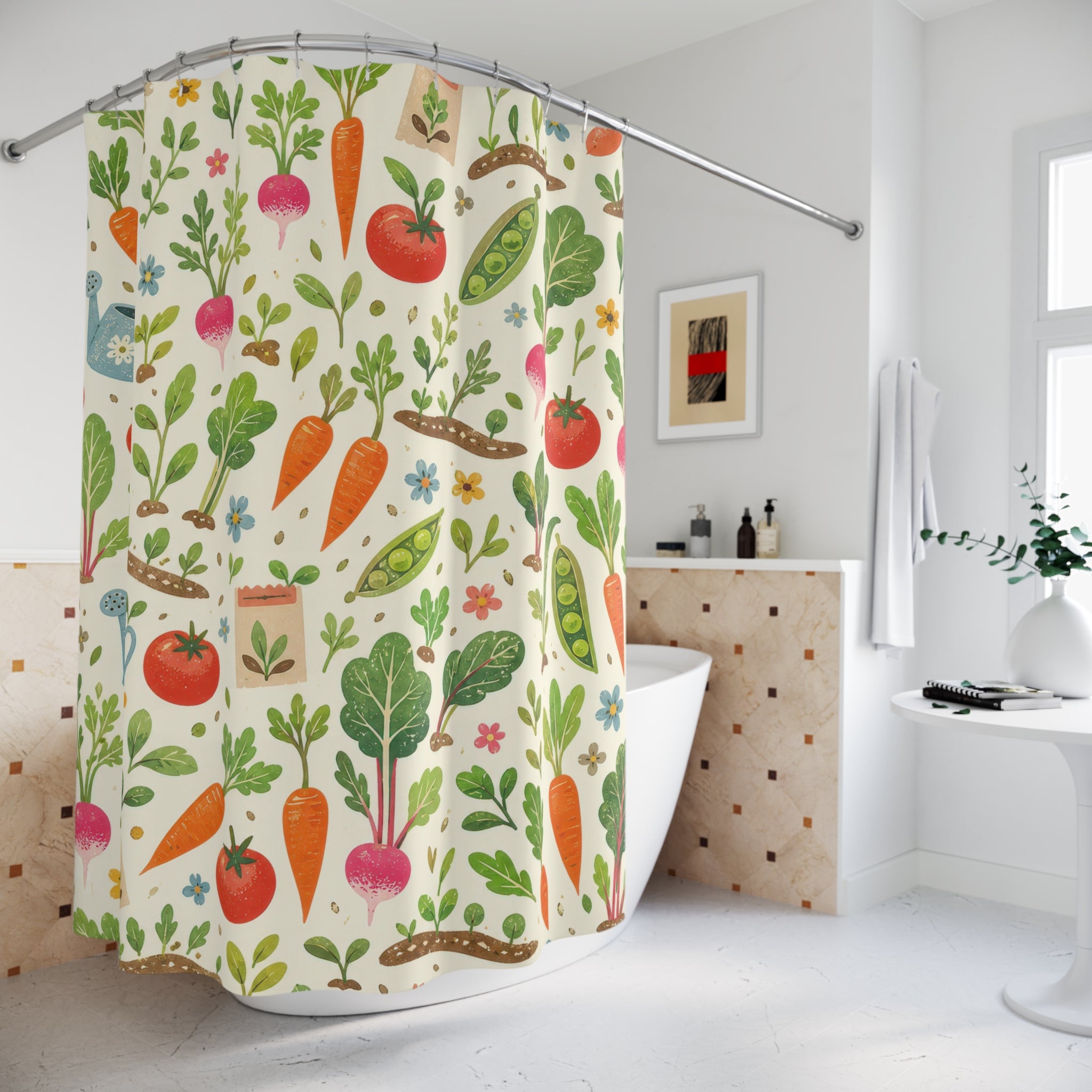 Kids Garden Shower Curtain, Vegetable Tomato Carrot Pattern, Fresh Botanical Bathroom Decor, Homeschool Garden Wall Guest Bath Gift