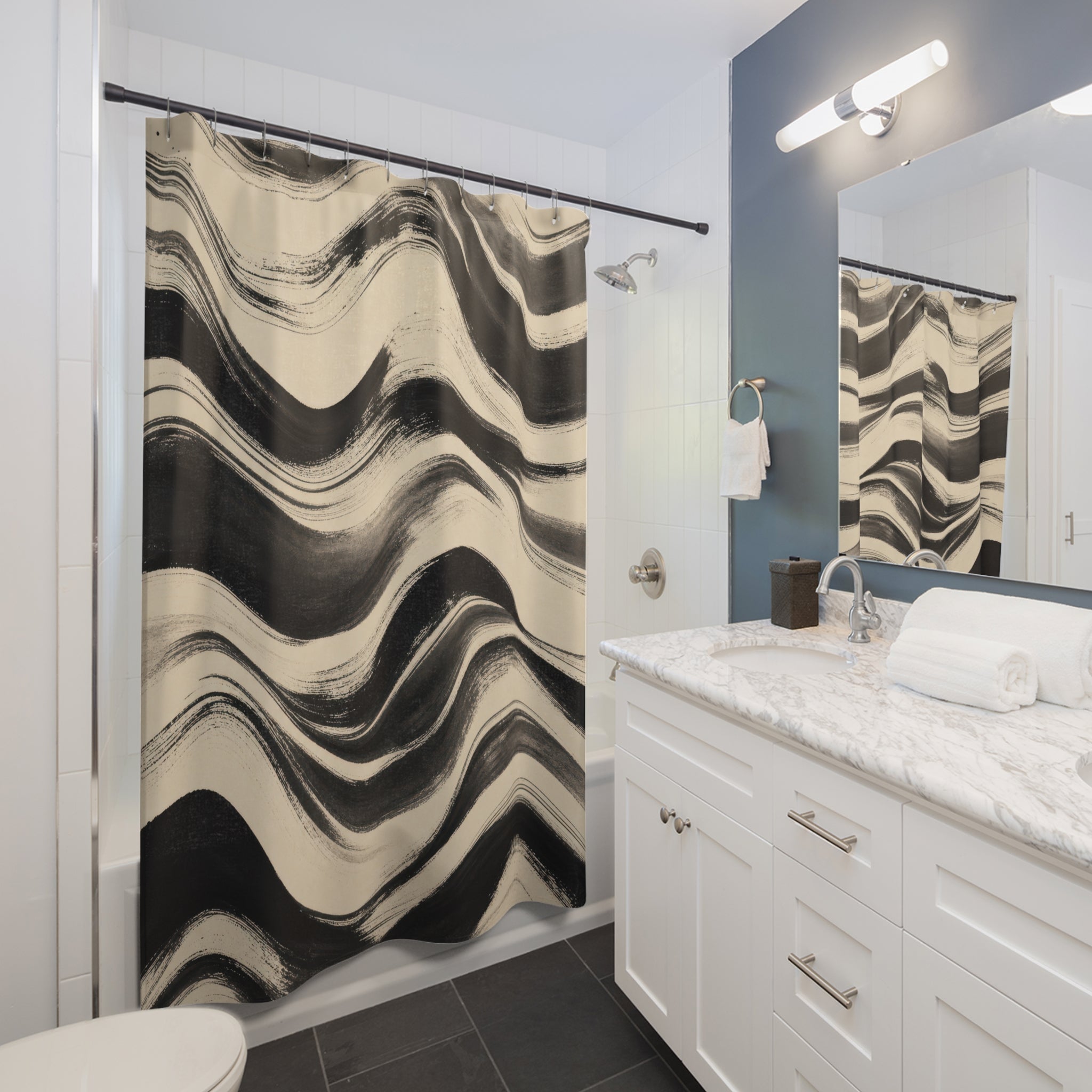 Black Cream Wavy Brush Stripe Shower Curtain