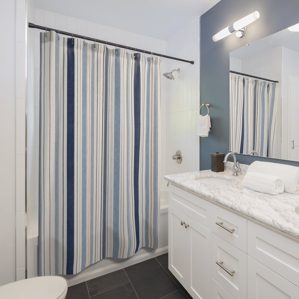 Navy Beige Ticking Stripe Shower Curtain
