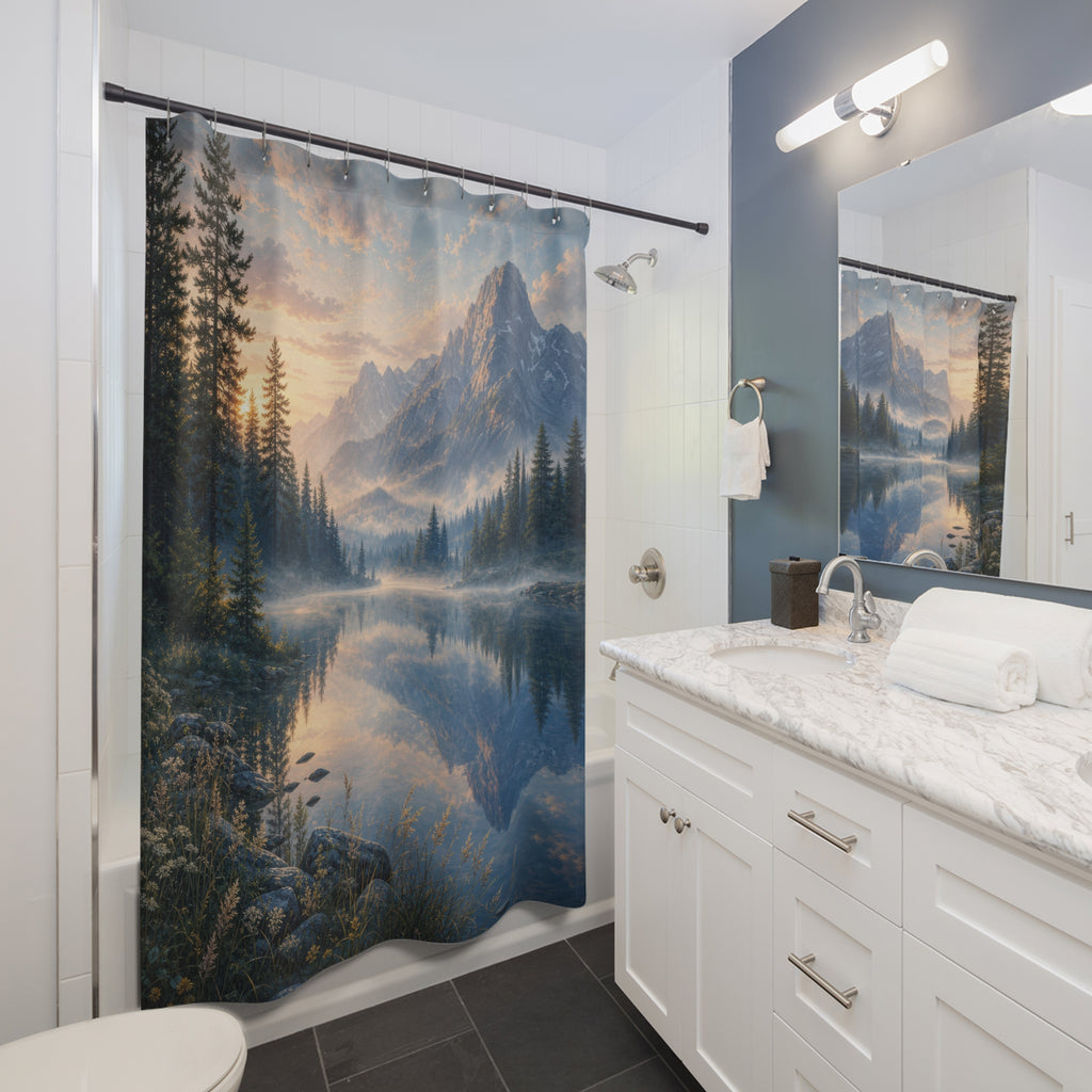 Misty Mountain Lake Dawn Shower Curtain
