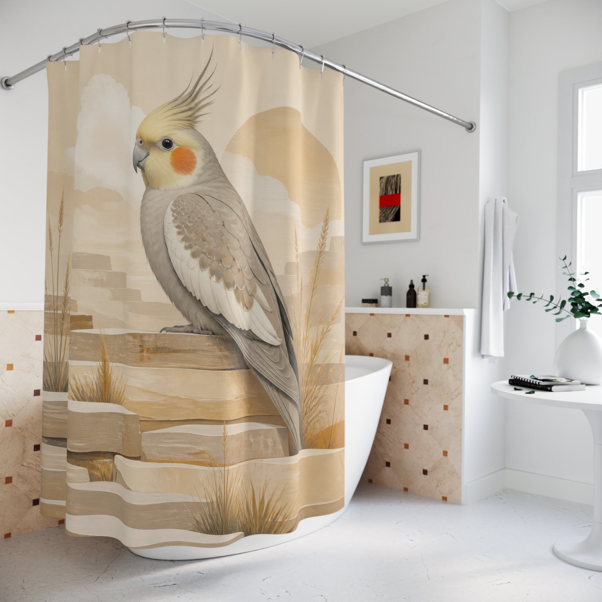 Grey cockatiel on warm beige desert terraces shower curtain styled beside a freestanding tub