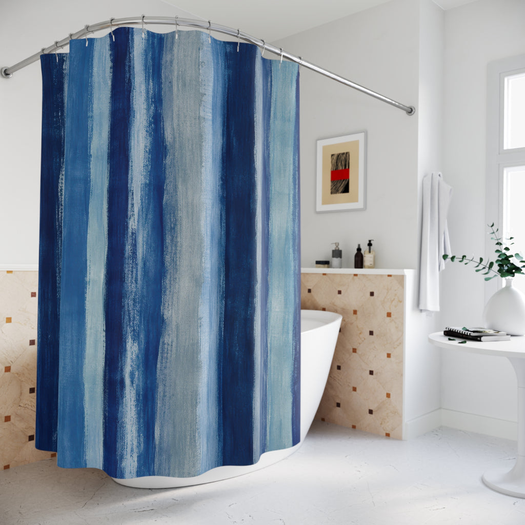 Indigo Watercolor Vertical Stripe Shower Curtain
