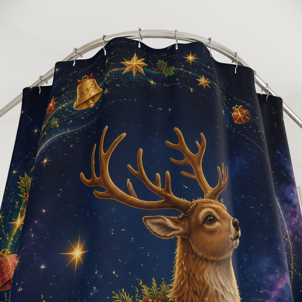 Flying reindeer within a celestial Christmas wreath shower curtain with close-up print, hooks, and folds