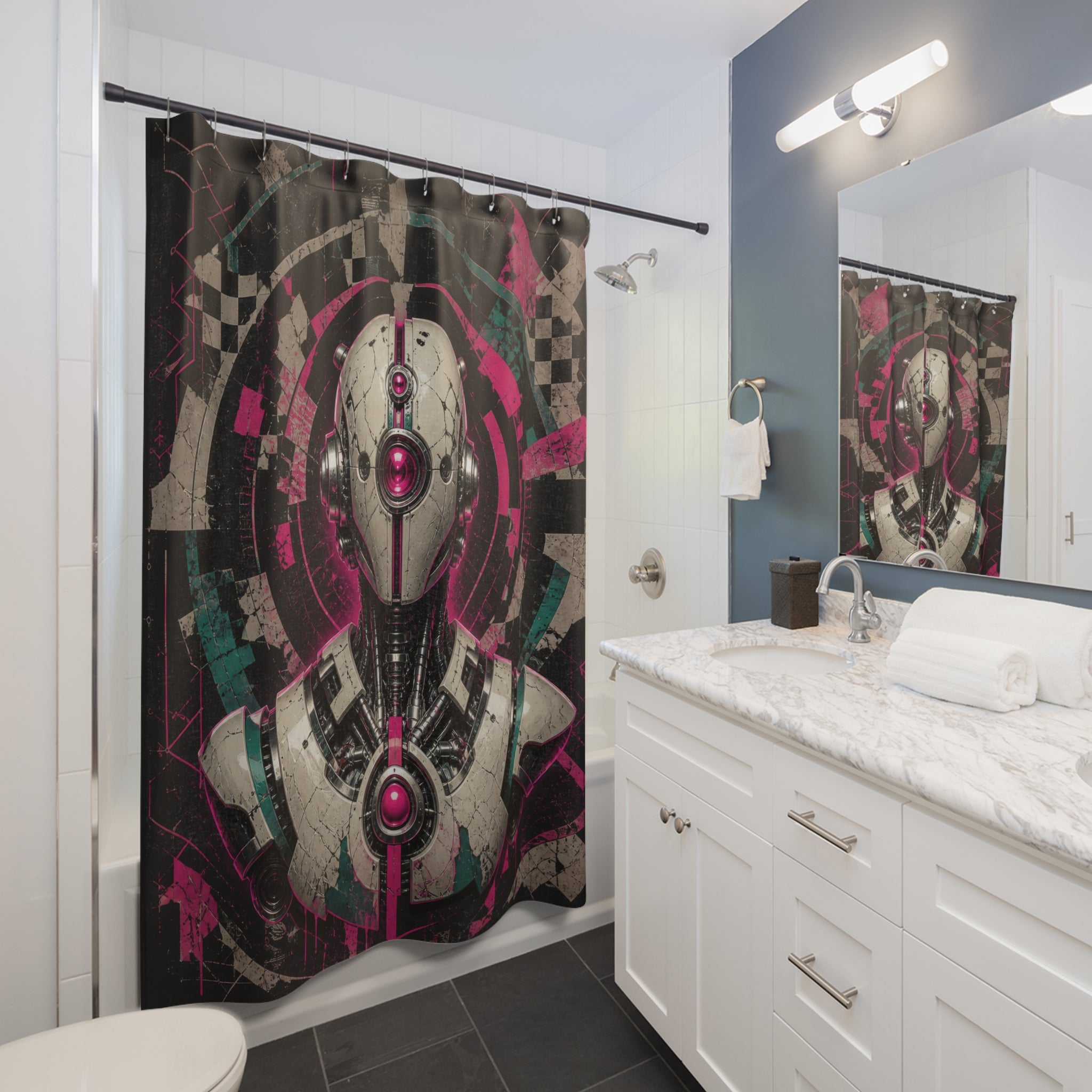 Chrome robot bust with neon circuits and fractured stencil shapes shower curtain beside a white vanity