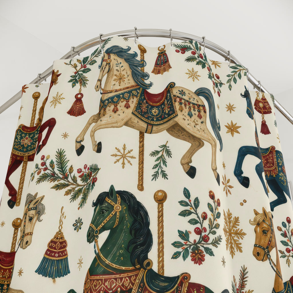 Christmas Holiday Shower Curtain, Folk Art Carousel Horse Pattern, Teal Cranberry Winter Bathroom Decor, Festive Guest Bath Gift