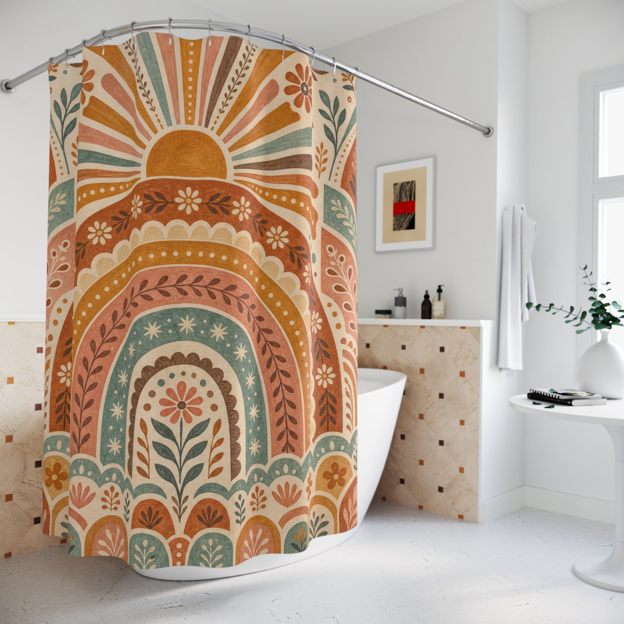 Retro Rainbow Boho Shower Curtain