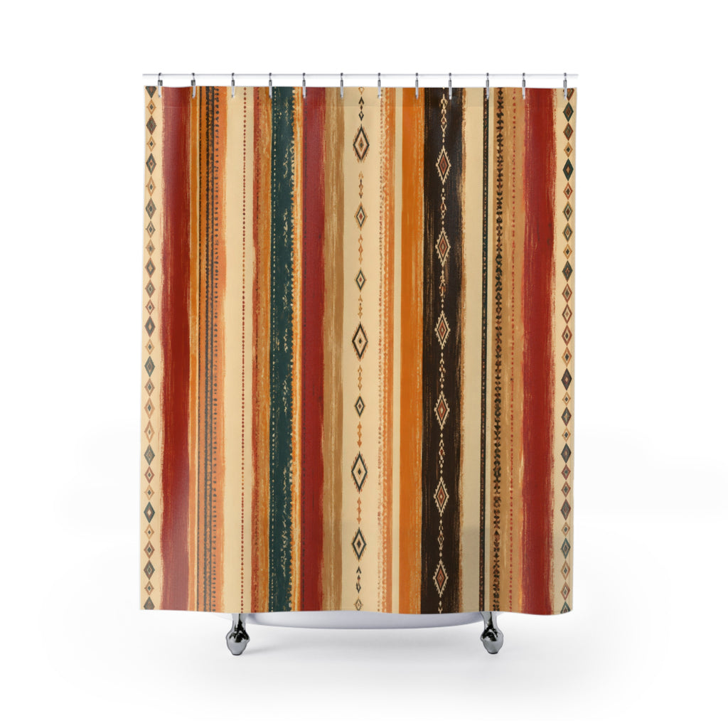 Rust Orange Teal Geometric Stripe Shower Curtain