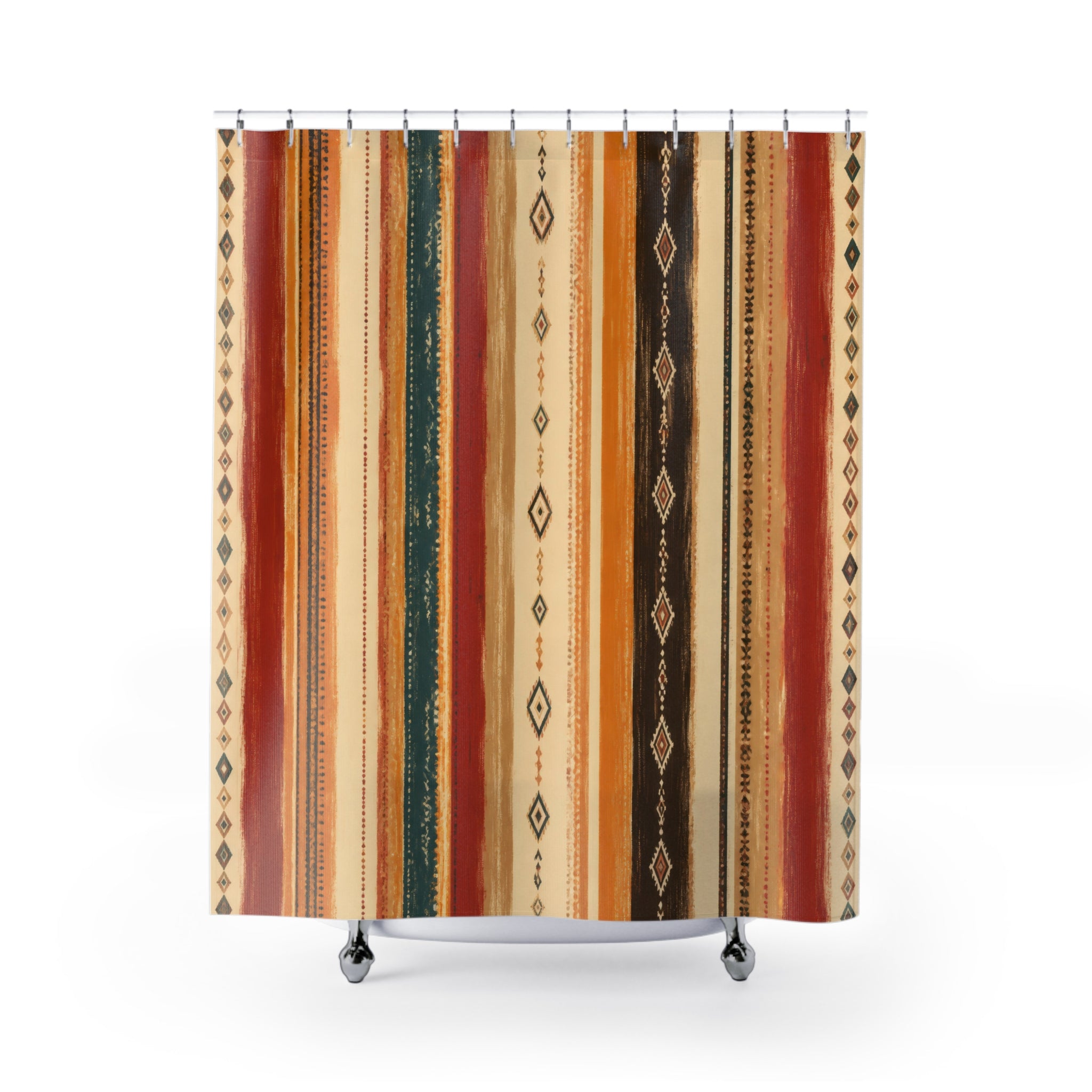 Rust Orange Teal Geometric Stripe Shower Curtain