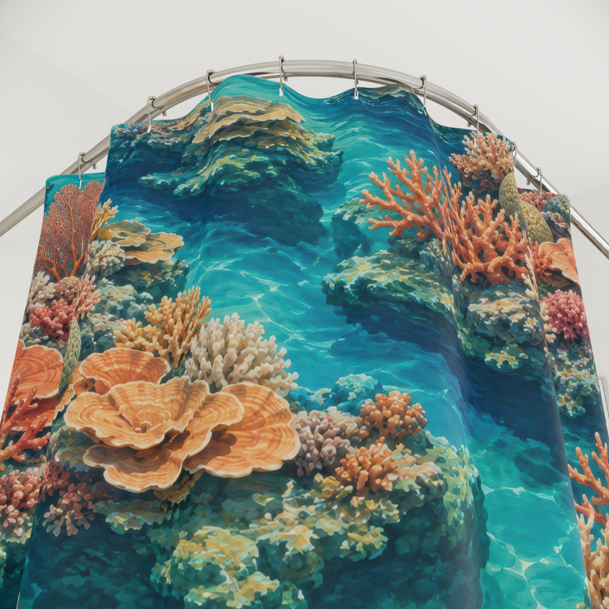 Terracotta coral reefs in turquoise water shower curtain with close-up print, hooks, and folds