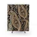 Beige and black paisley scrollwork shower curtain with full front view